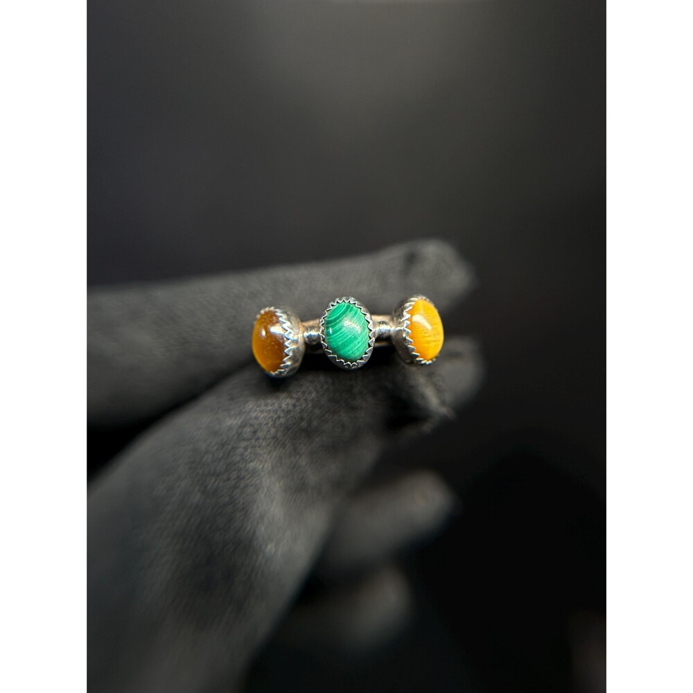 Native American Sterling Silver Tiger’s Eye Malachite Ring Size 6.5